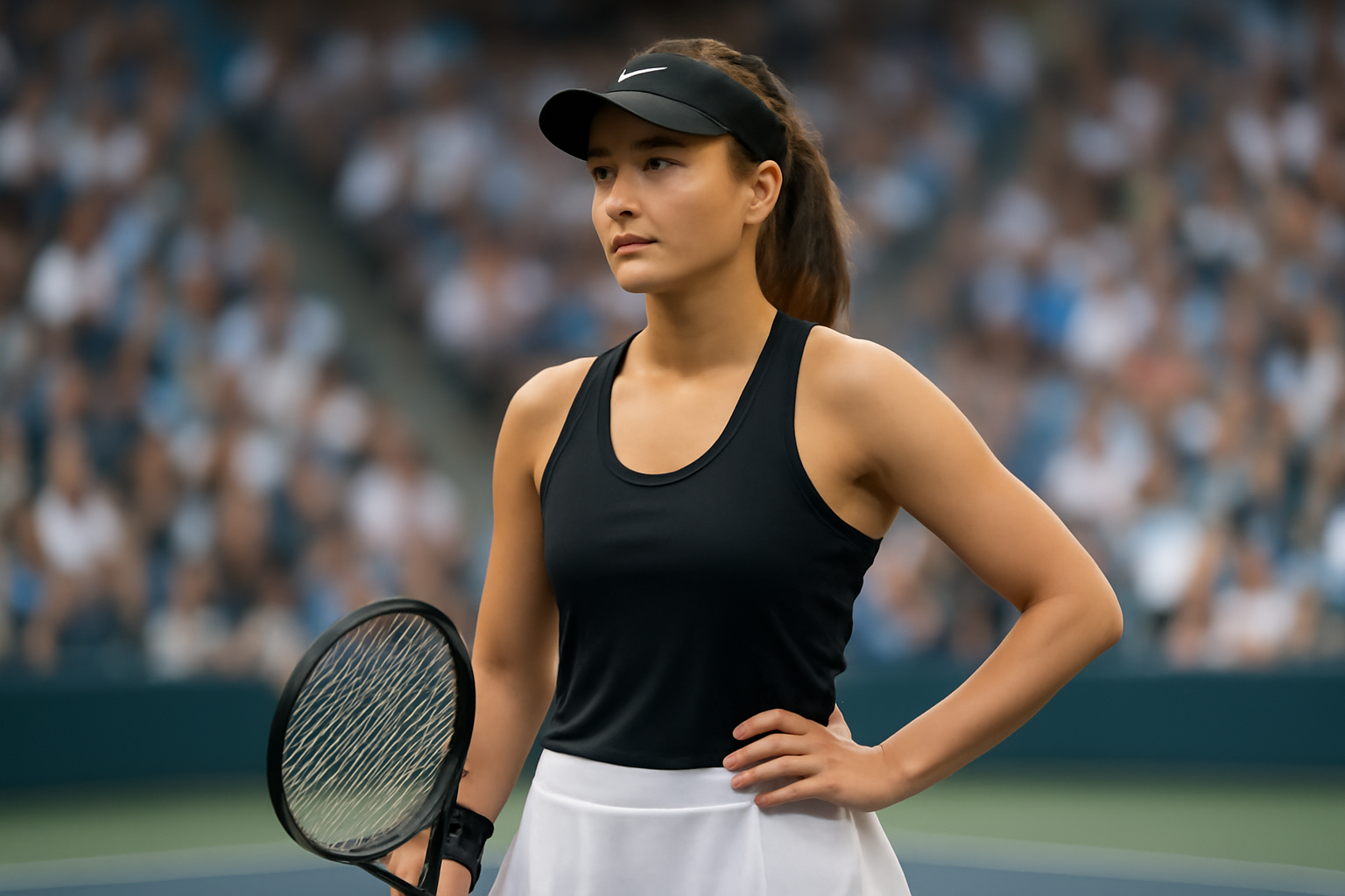 A professional female tennis player pausing mid-match, phone visible on a courtside bench