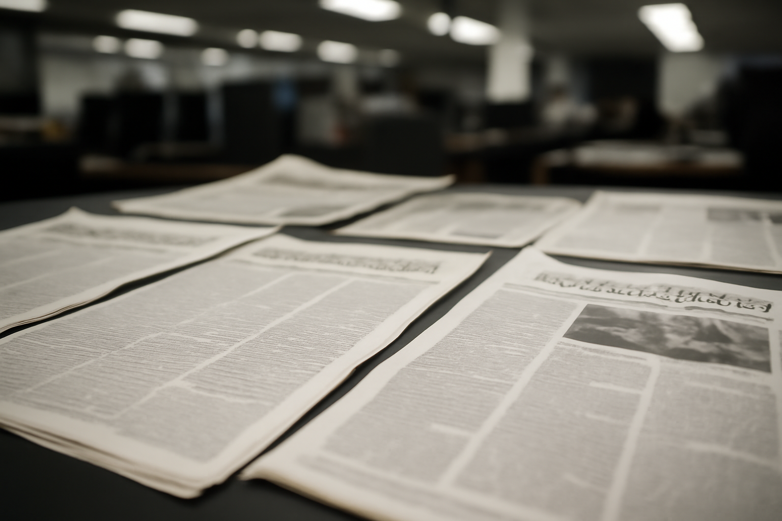 Newsroom desk with news pages laid out in several different languages side by side