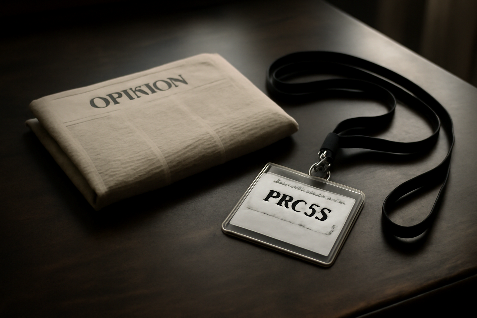 A folded newspaper opinion section resting beside a press credential badge on a wooden desk