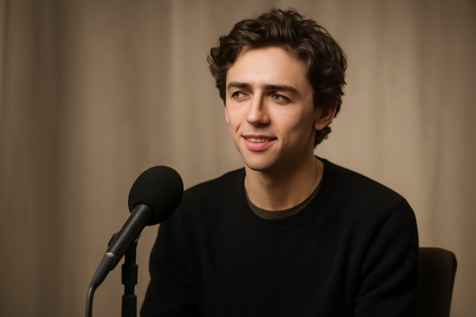 An actor sitting for an interview on a film press tour set with soft studio lighting