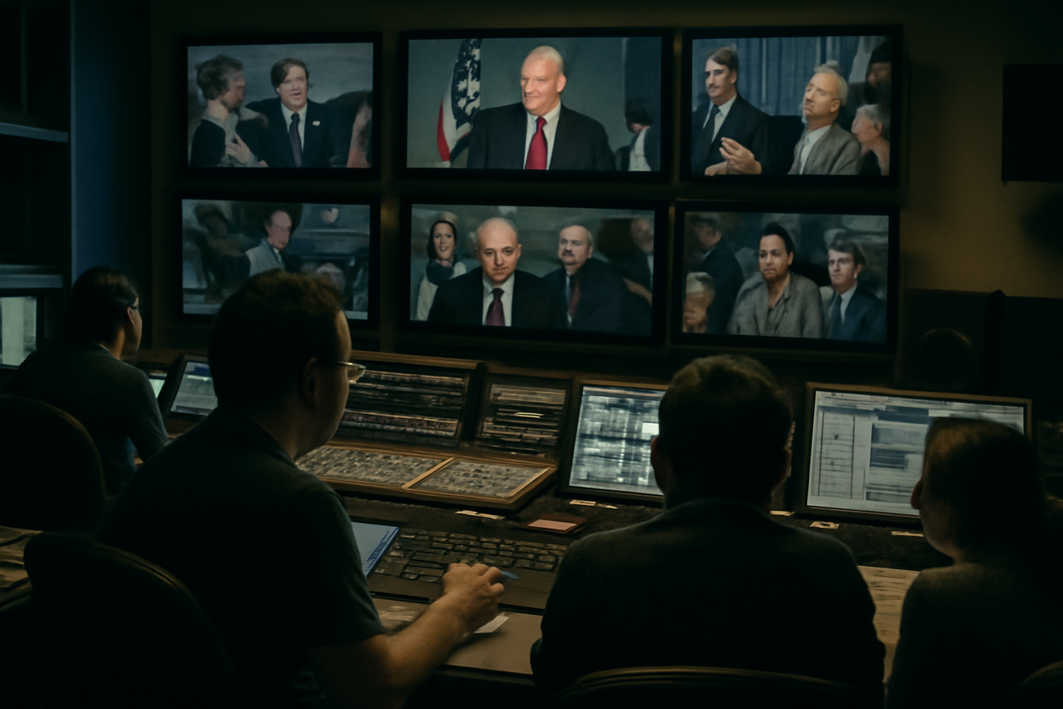 A newsroom television bank showing pandemic-era press briefing footage