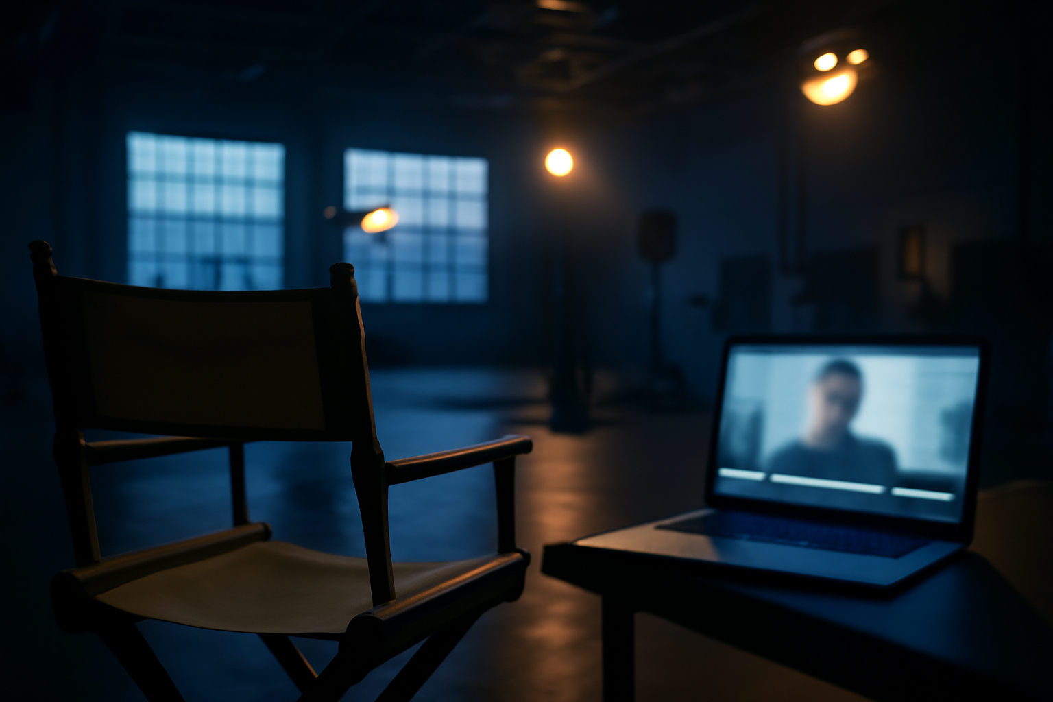 A director's chair on an empty film set beside a laptop open to an interview transcript.