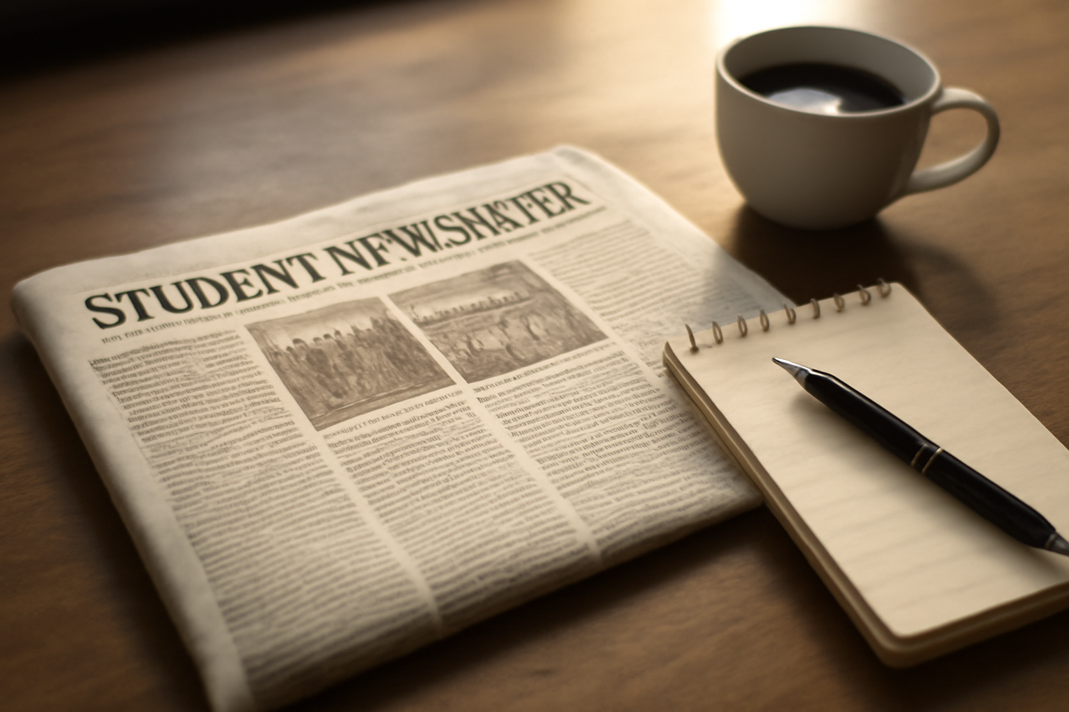 An open student newspaper laid on a wooden desk next to a reporter's notebook and pen