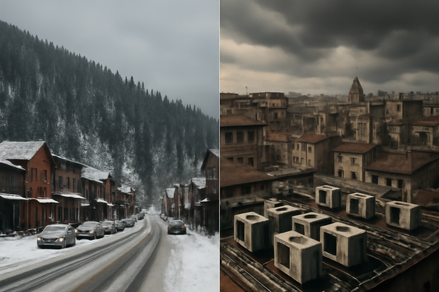 A split image showing a snowy Colorado mountain town on one side and a European city rooftop with air conditioning units on the other