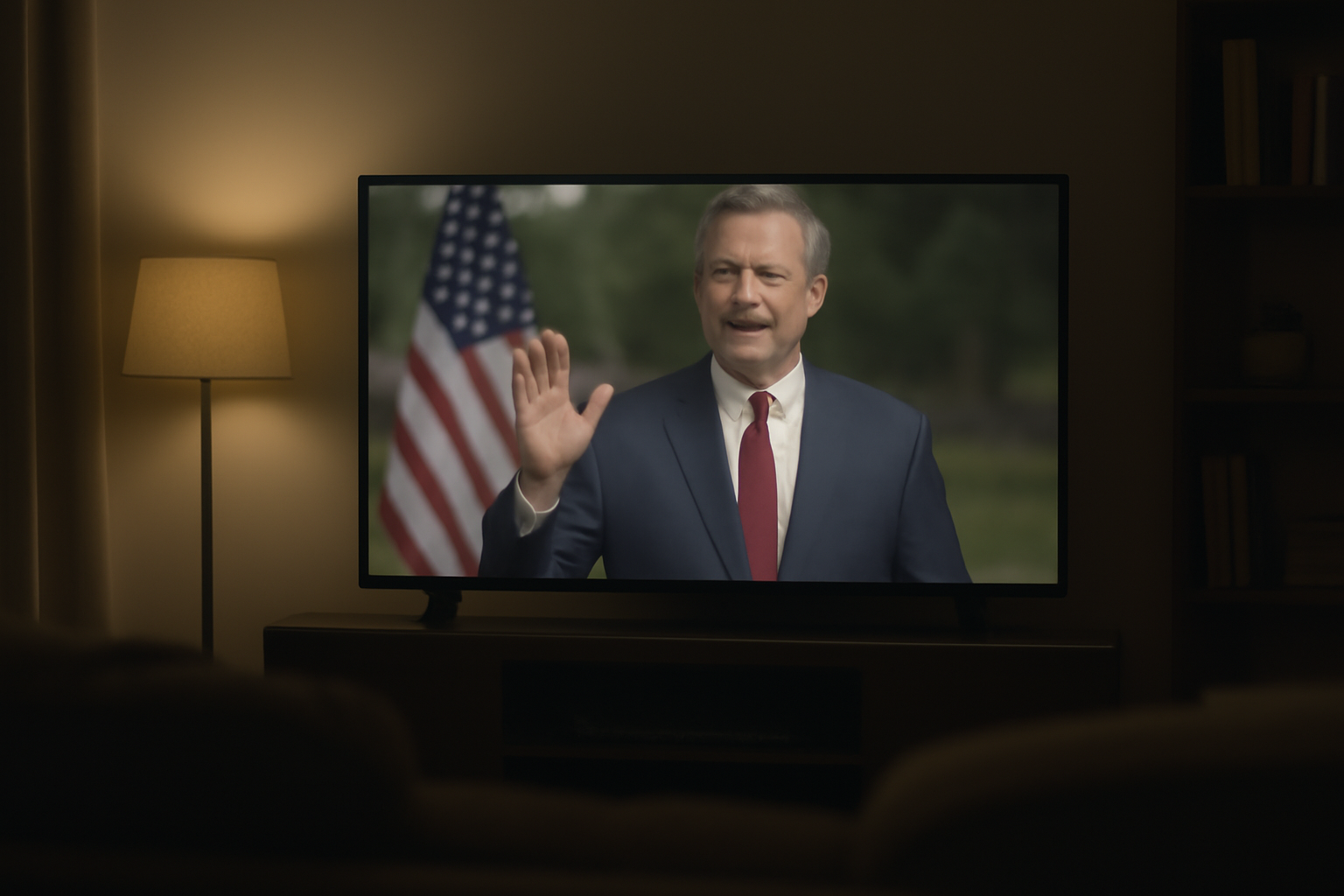 A television displaying a political campaign advertisement in a living room setting