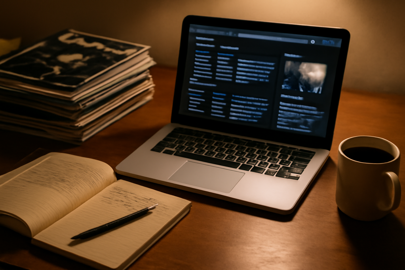Open laptop displaying a music review website next to a stack of magazines on a desk
