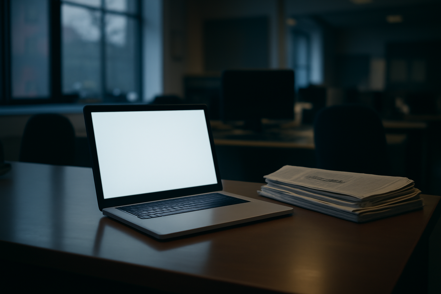 An empty newsroom desk with a blank laptop screen and a stack of unread newspapers