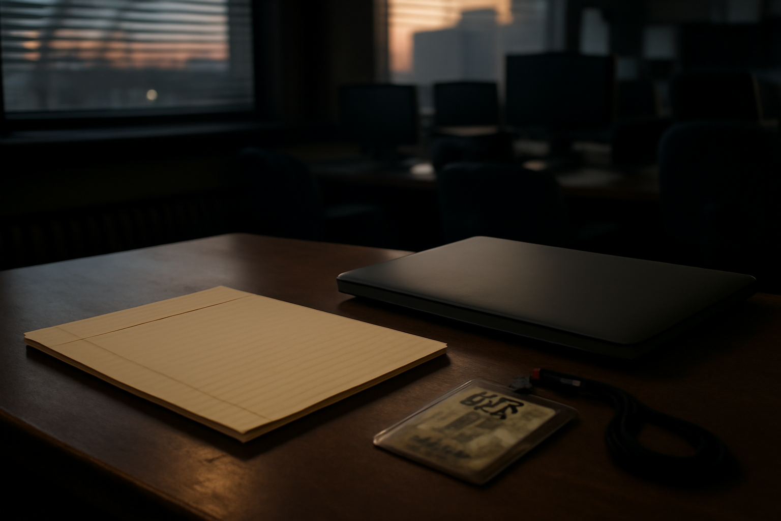 An empty newsroom desk with a blank notepad, a closed laptop, and an unused press badge under soft morning light
