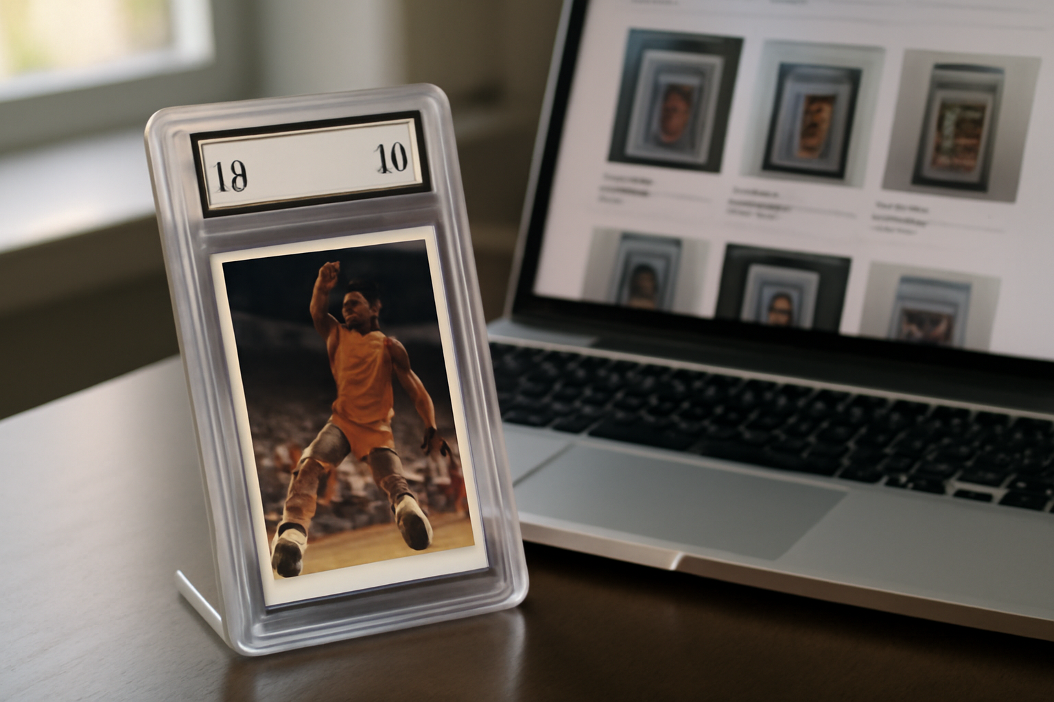 A graded sports trading card in a protective plastic case sitting beside a laptop open to an online auction listing page