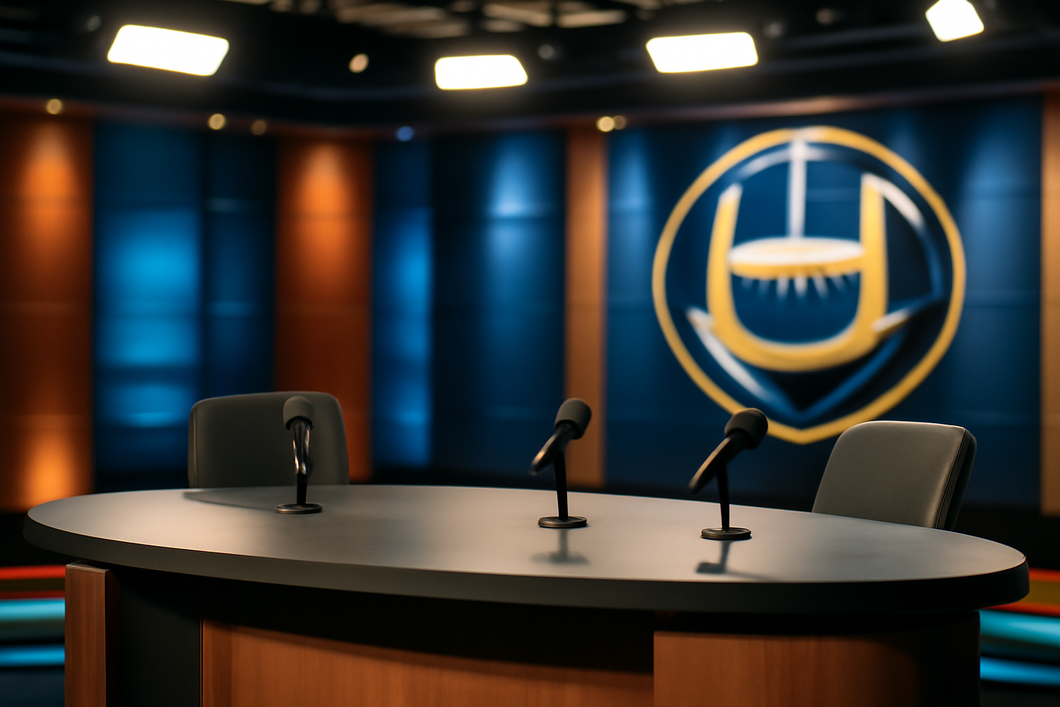 A sports television studio set with an empty analyst desk and microphone under bright studio lights