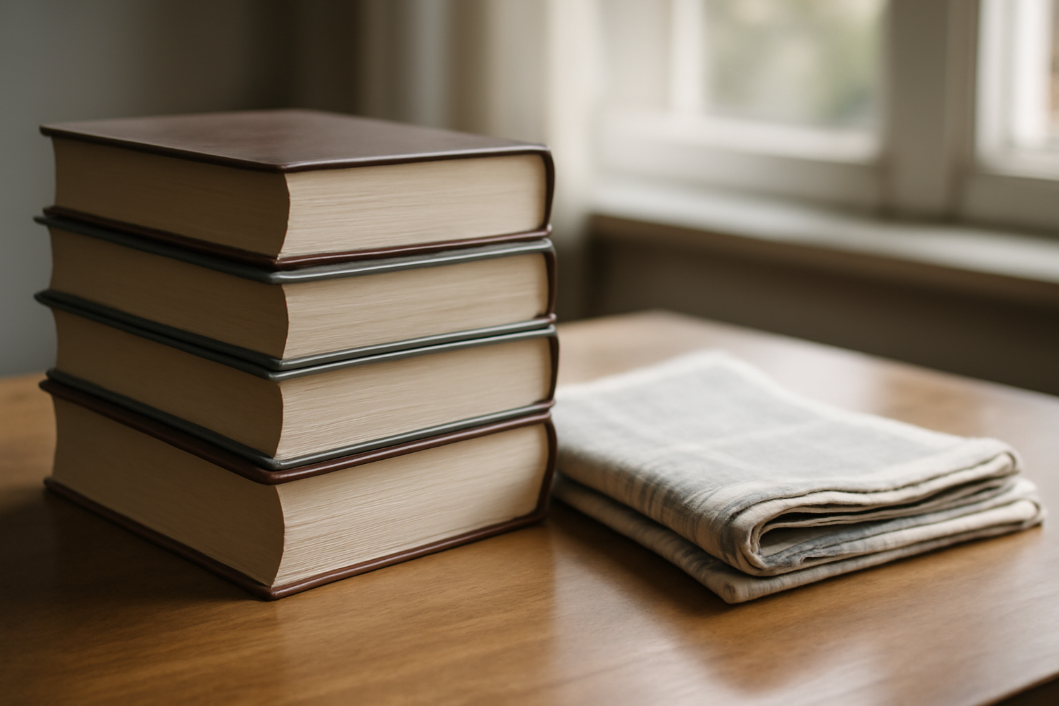 Stack of hardcover books beside a folded local newspaper on a wooden desk