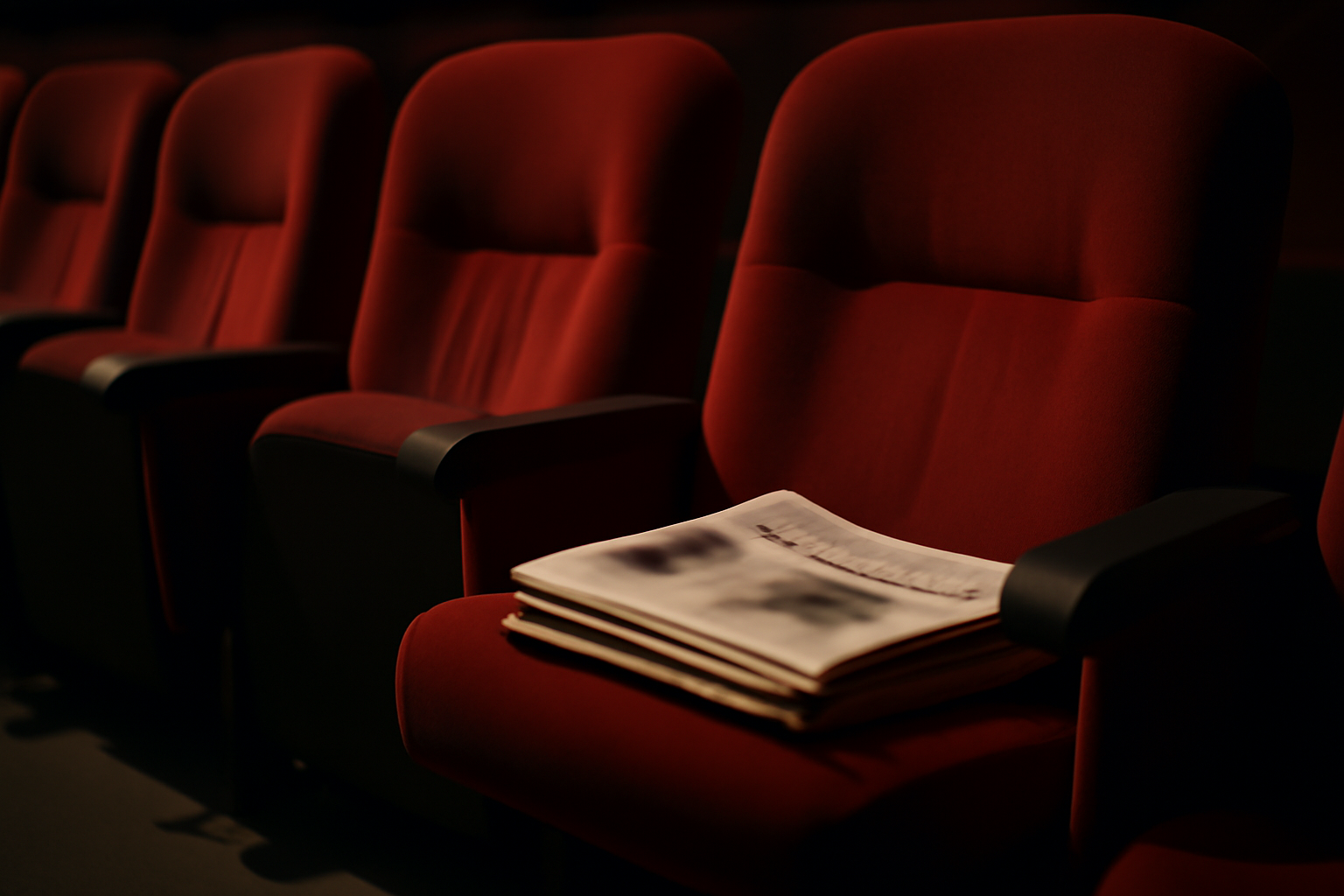 Empty movie theater seats beside a stack of newspapers with election headlines