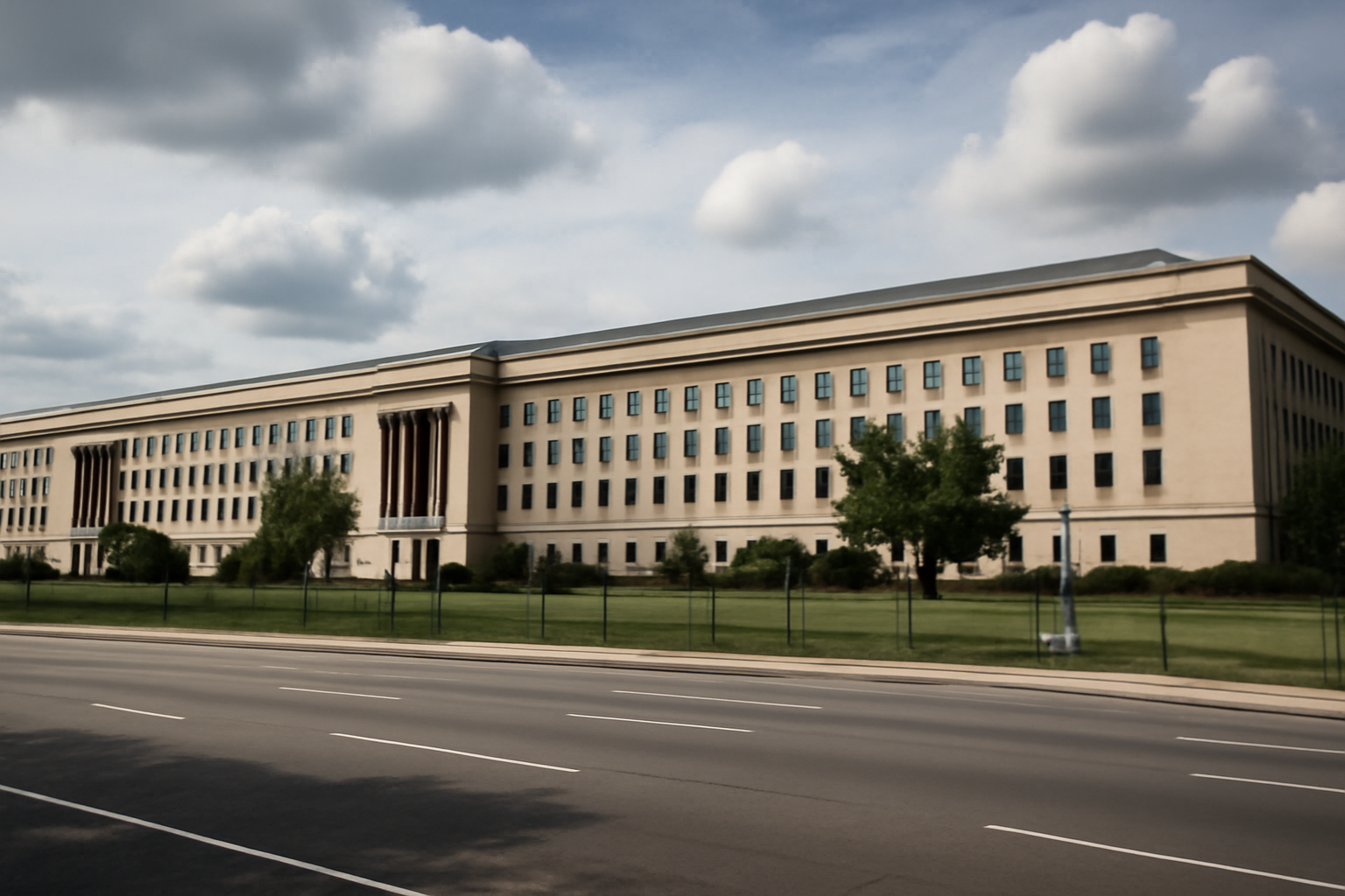 Pentagon building exterior under daytime sky with cybersecurity imagery overlay