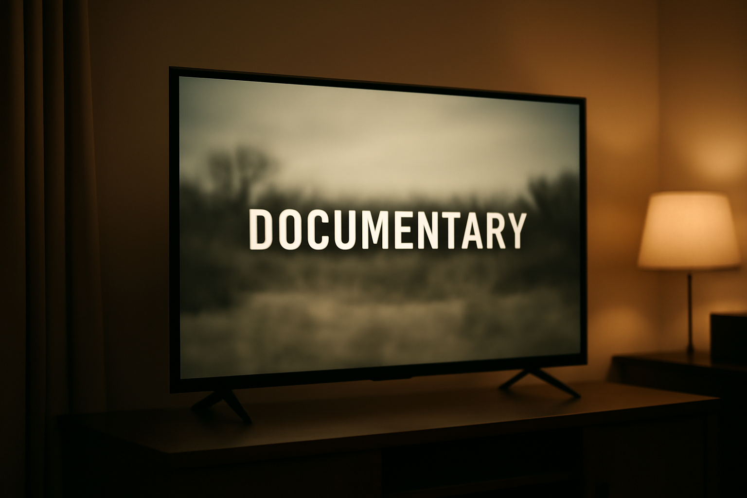 A television screen displaying a documentary title card in a dim living room