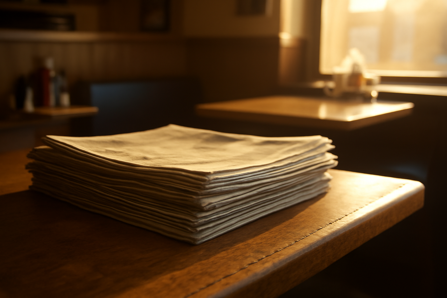 A stack of folded community newspapers on a wooden counter inside a small-town diner in Pennsylvania