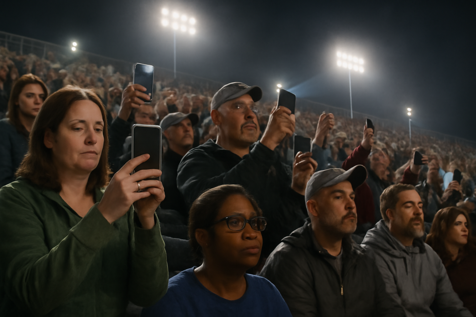 Parents in bleacher seats holding up smartphones to record a high school football game under stadium lights