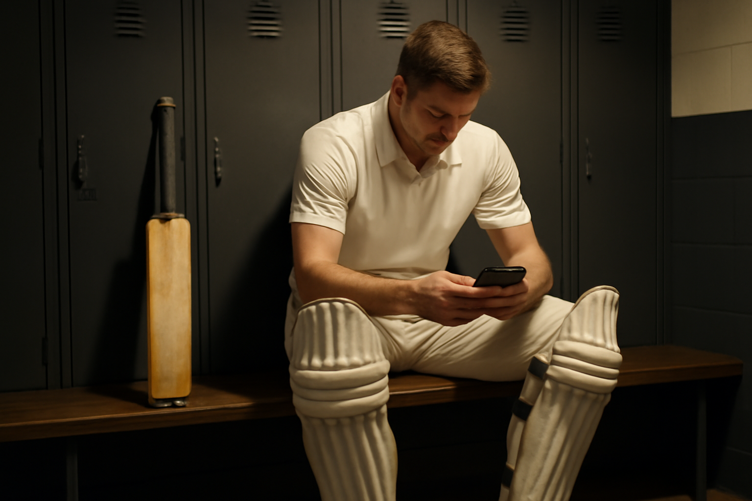 Cricket batter checking a smartphone screen in a dimly lit locker room