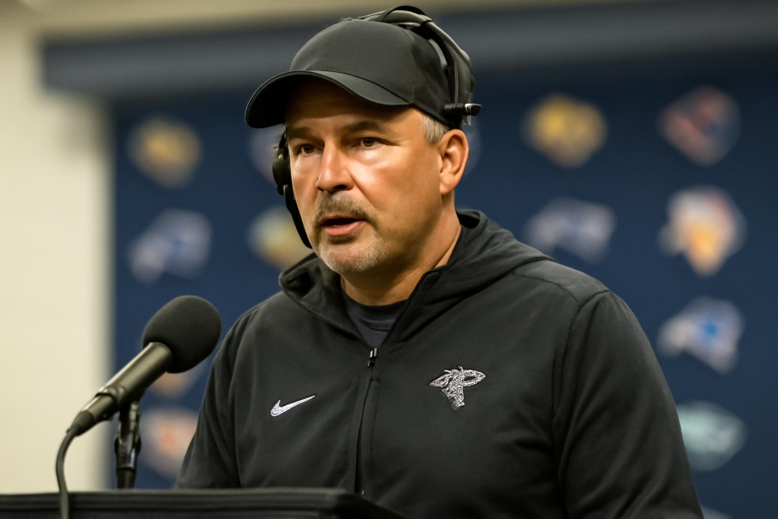 A football coach in team training gear speaking during a press conference at a stadium
