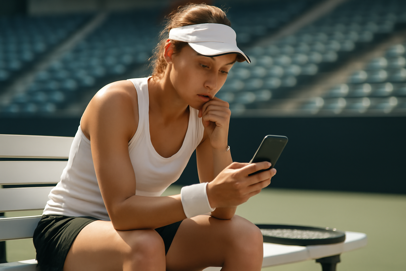 A tennis player checks a smartphone courtside between matches
