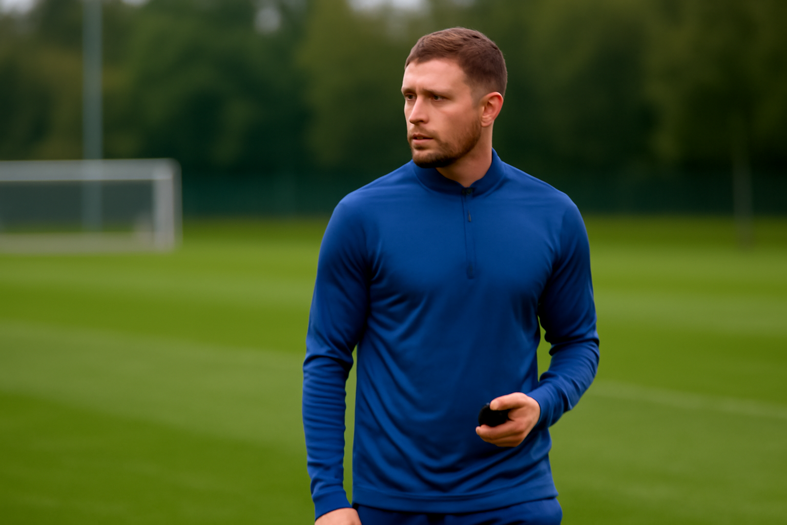 Everton footballer standing alone on a training pitch holding a phone, looking away from the screen
