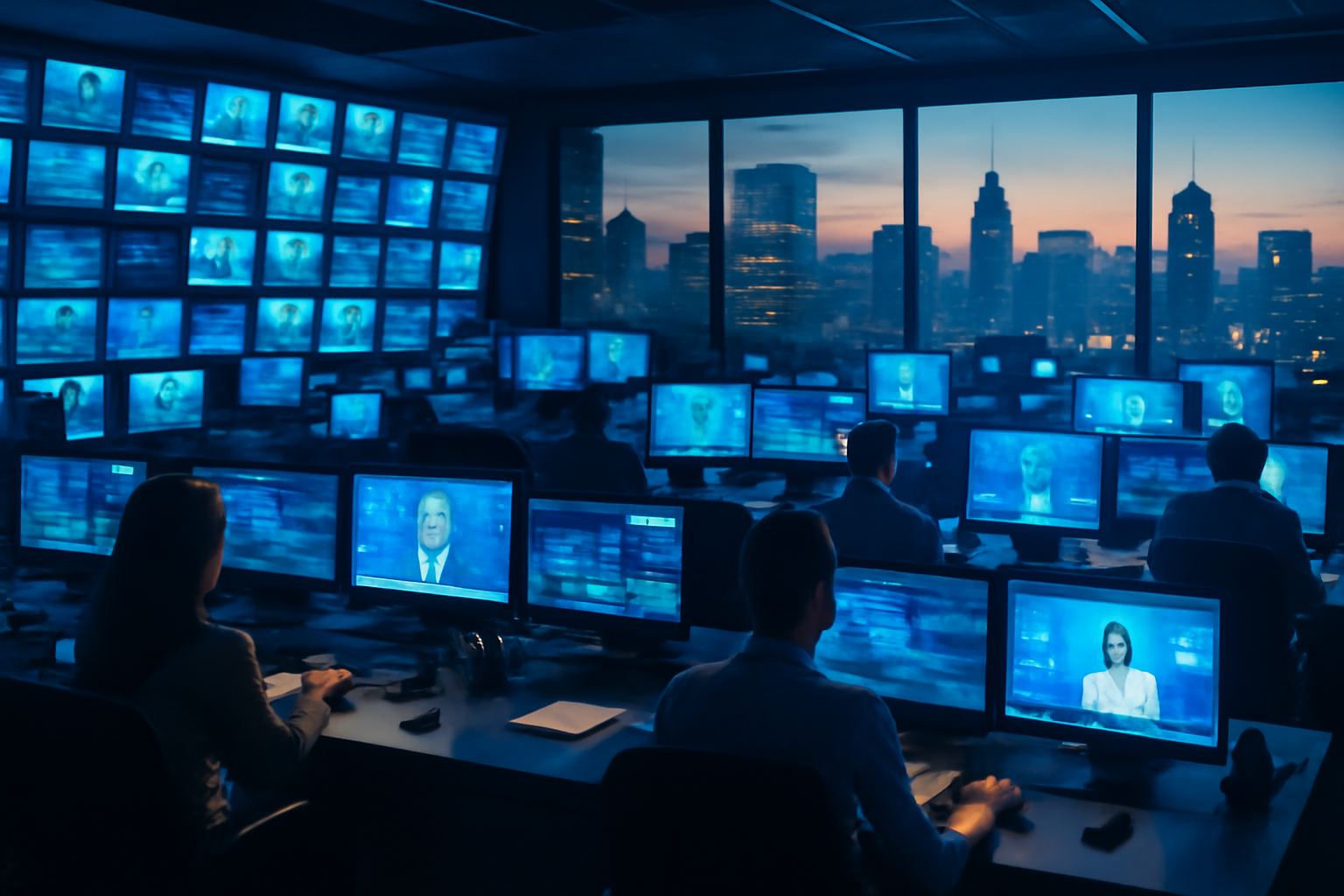 Television network control room with anchor desks and a city skyline visible at dusk