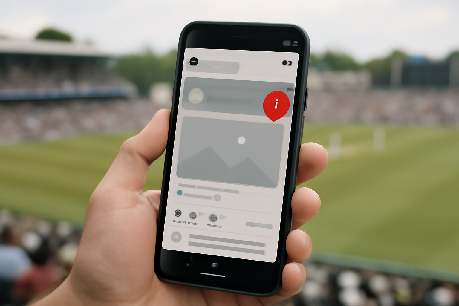 Smartphone screen displaying a social media feed with a notification icon, held against a blurred cricket stadium backdrop