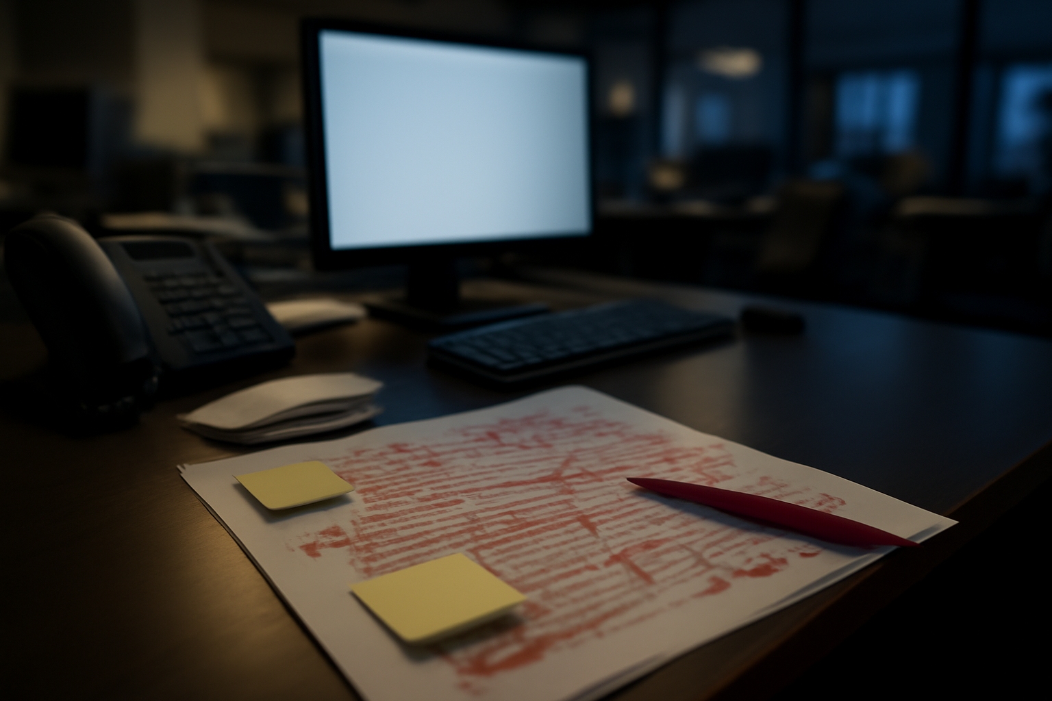 An editor marking up a printed news article with a red pen at a newsroom desk covered in papers