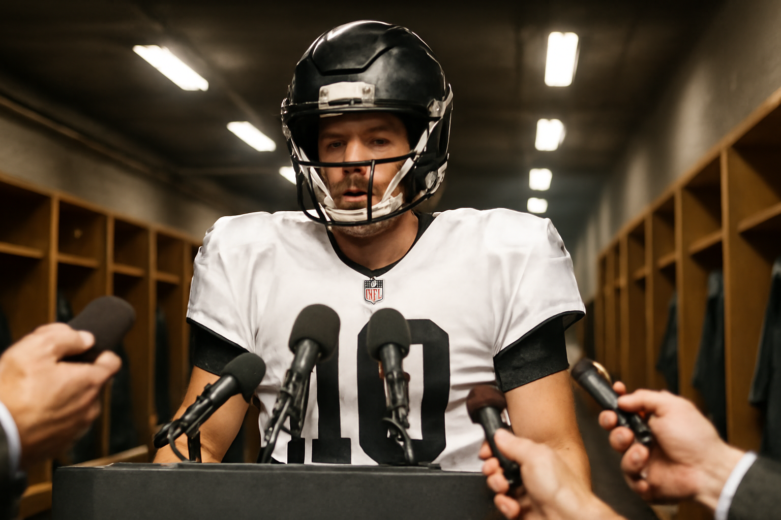 NFL quarterback standing behind a row of microphones during a post-game press conference