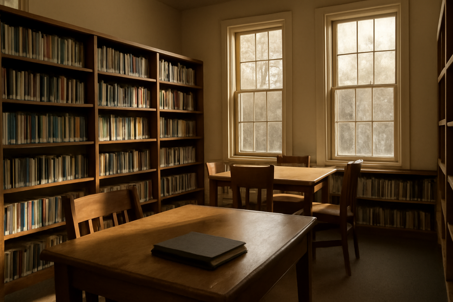 A small-town New Jersey library reading room with empty chairs and sunlight through tall windows
