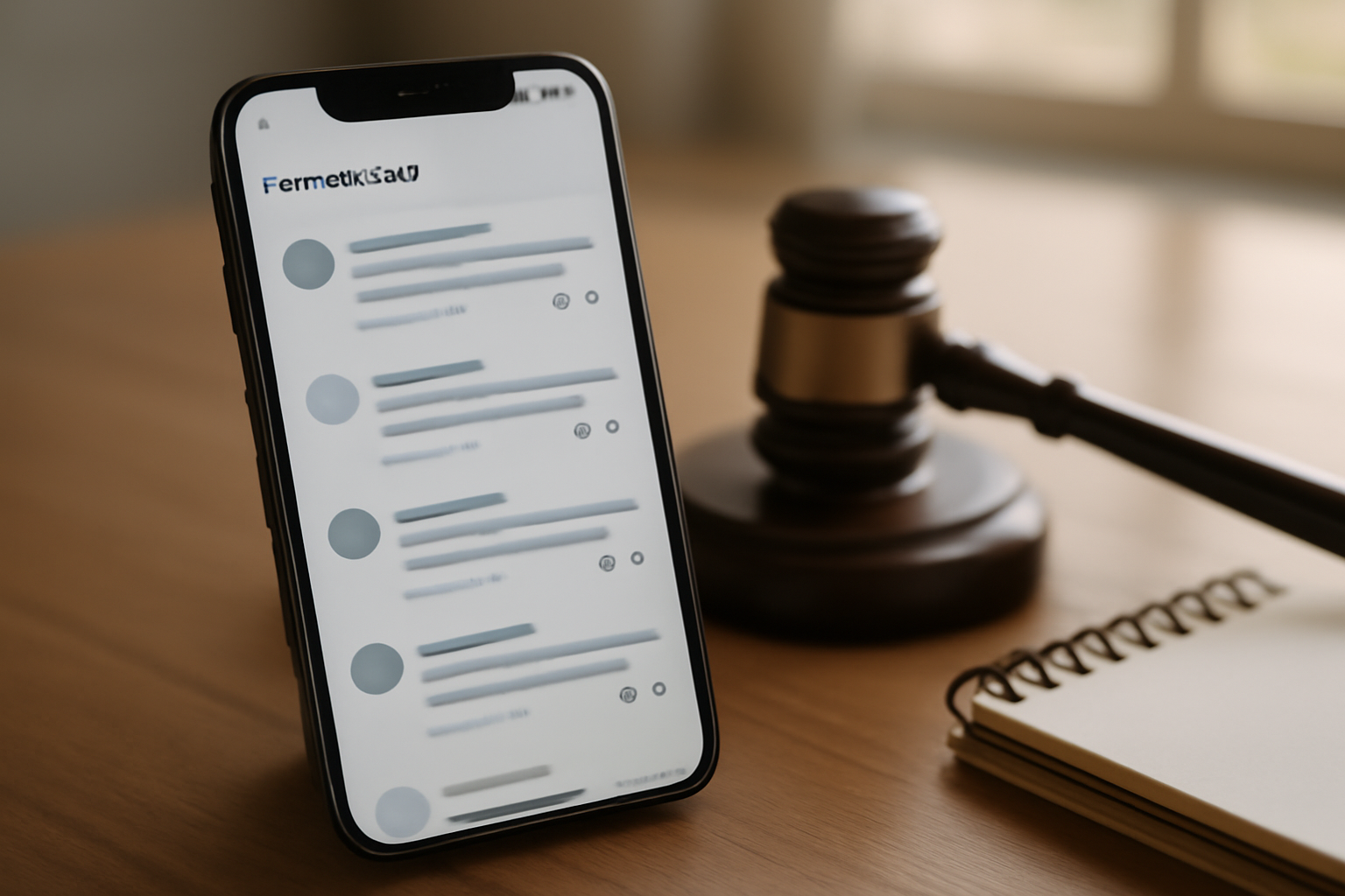 Smartphone screen showing a social media comment thread next to a gavel on a desk