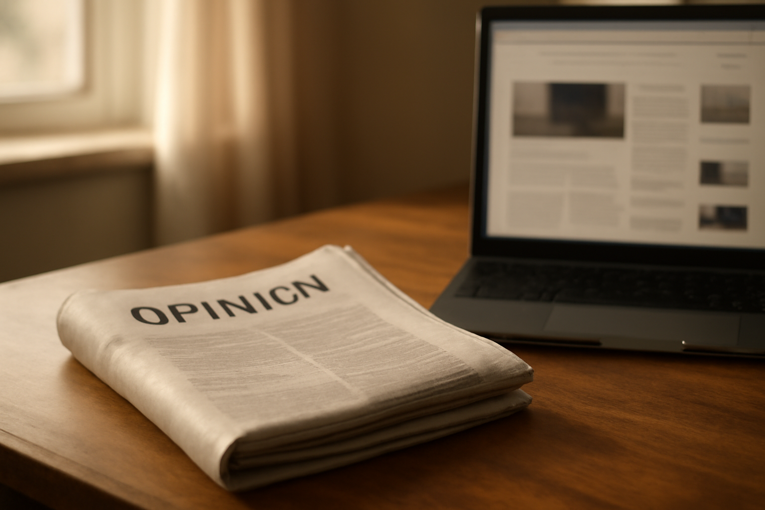 A folded newspaper opinion section on a wooden desk beside a laptop showing a headline