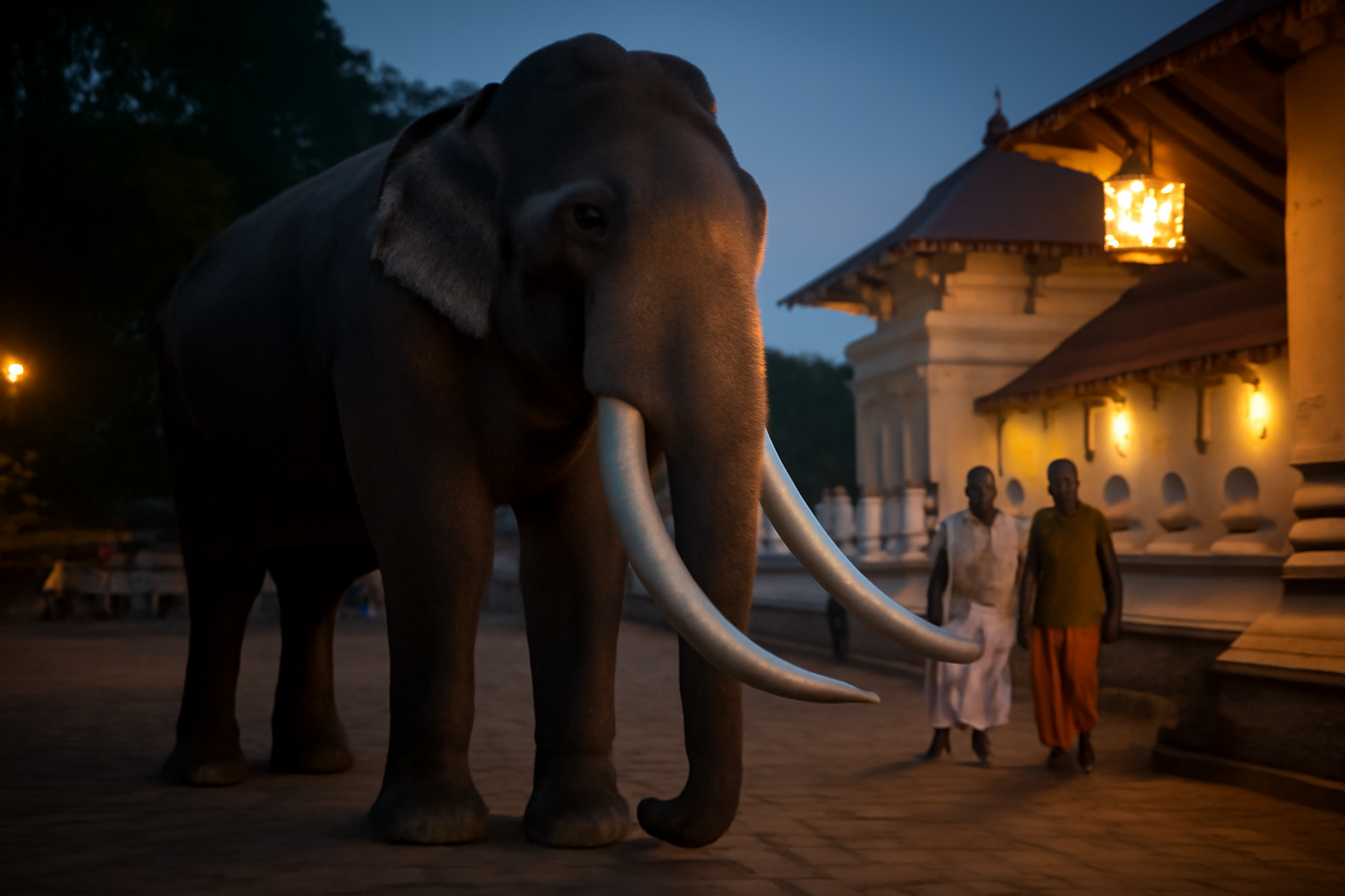 A Sri Lankan tusker elephant adorned for a ceremonial procession stands under temple lights at dusk