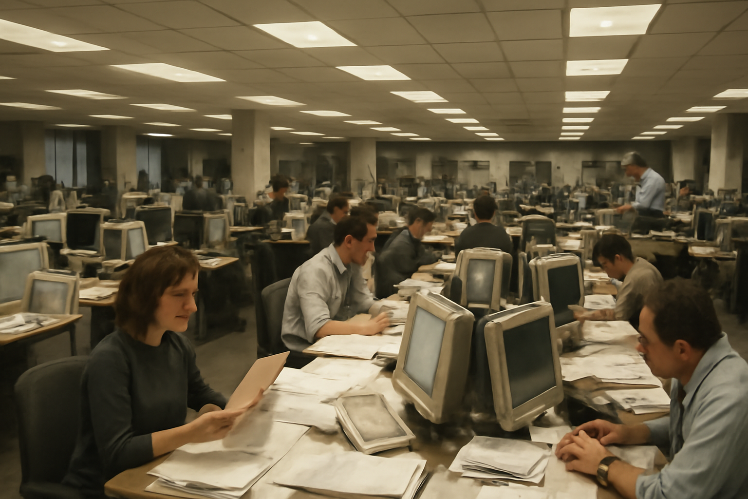 A newsroom with journalists working at desks under overhead lighting, reviewing documents and monitors