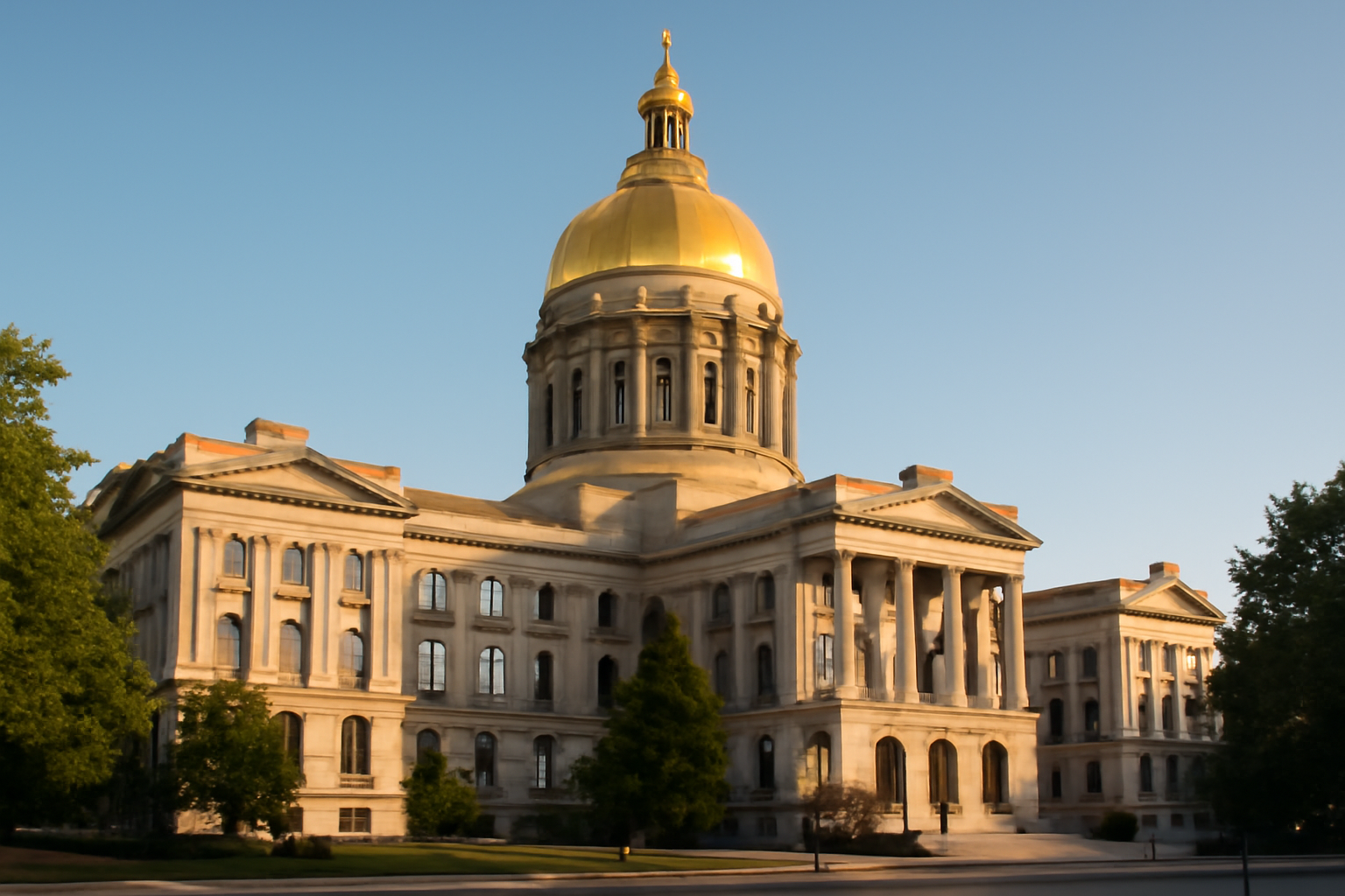 Georgia state capitol building under a clear sky with the dome visible above surrounding trees