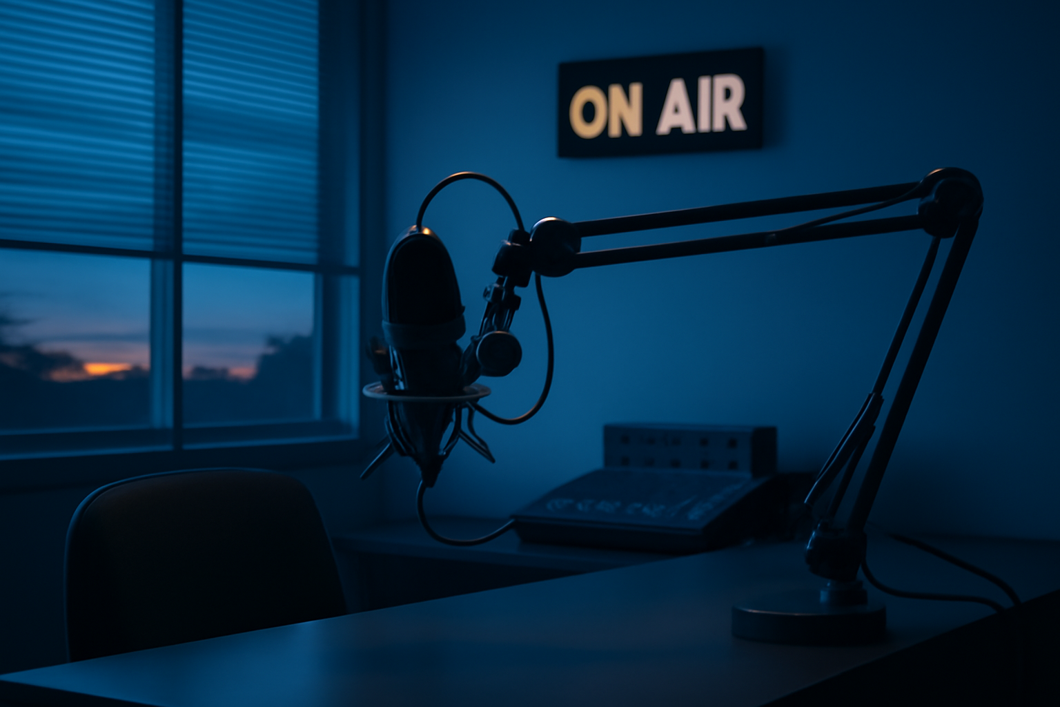 Empty radio broadcast studio microphone with an unlit on-air sign, suggesting media silence on contested topics