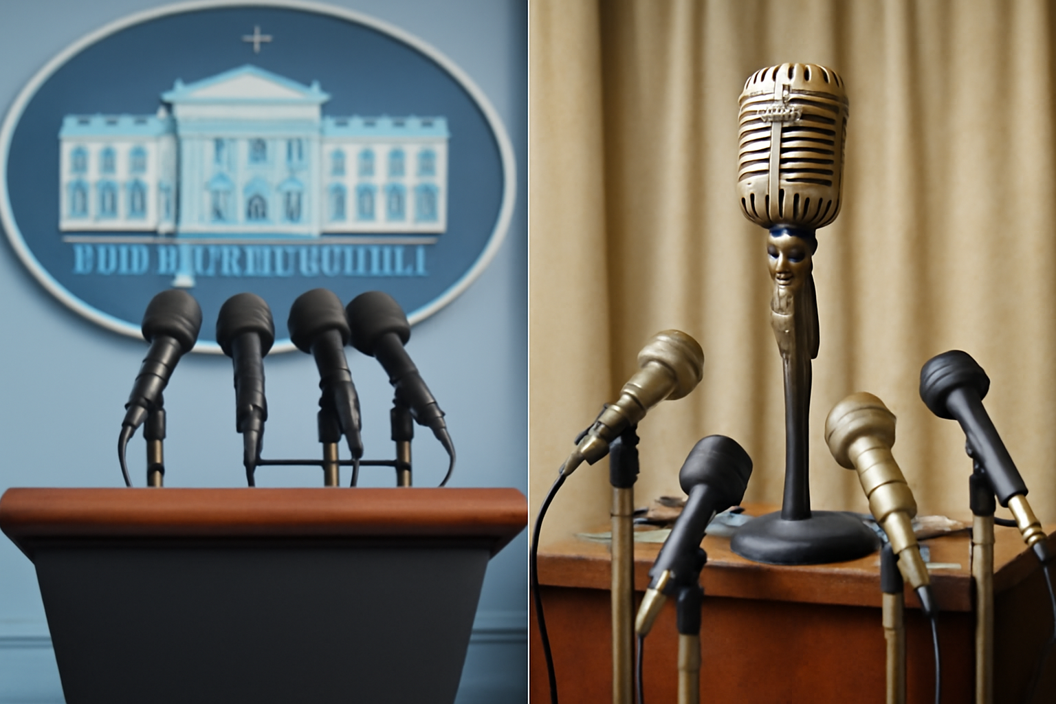 Split black-and-white composite of a modern presidential podium and a vintage 1970s press conference microphone bank