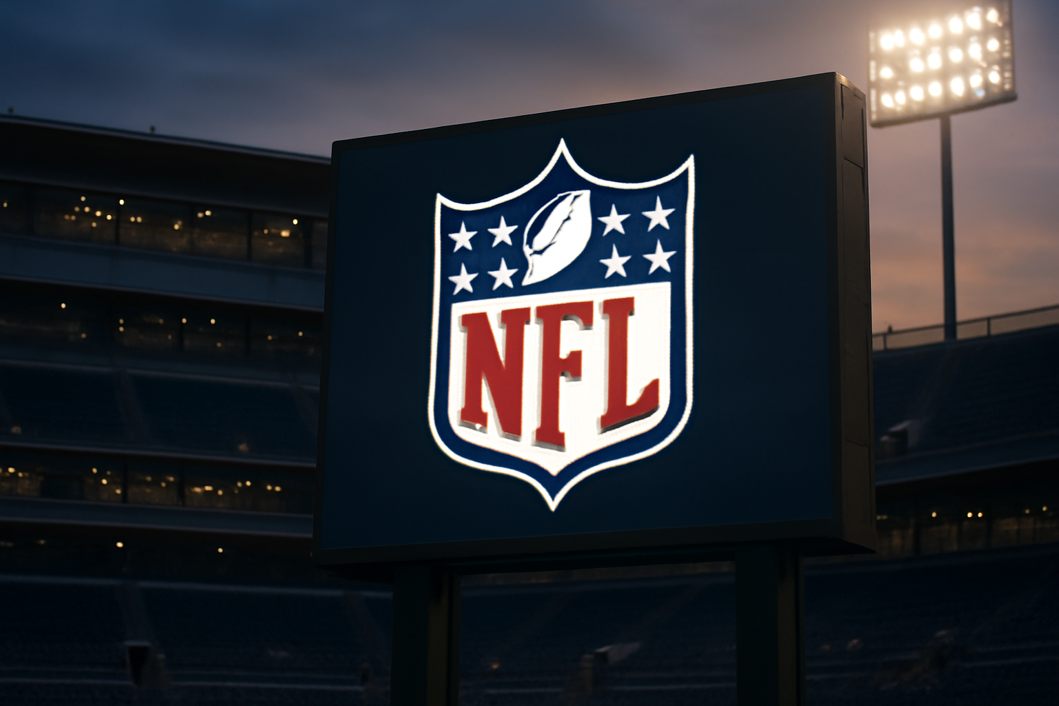 NFL shield logo displayed on a stadium video board under stadium lights