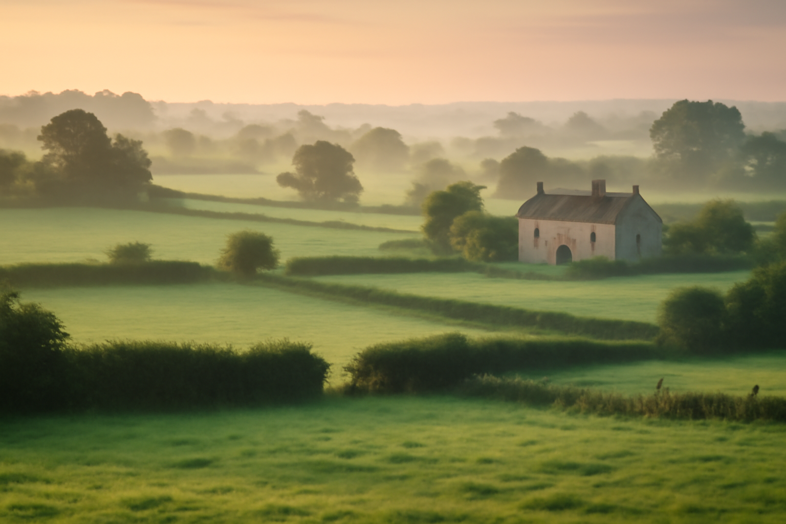 A hunt rider in a red coat crosses a misty English field lined with hedgerows