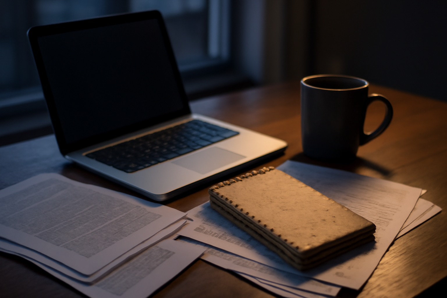 A reporter's notebook and laptop on a desk beside a stack of printed documents