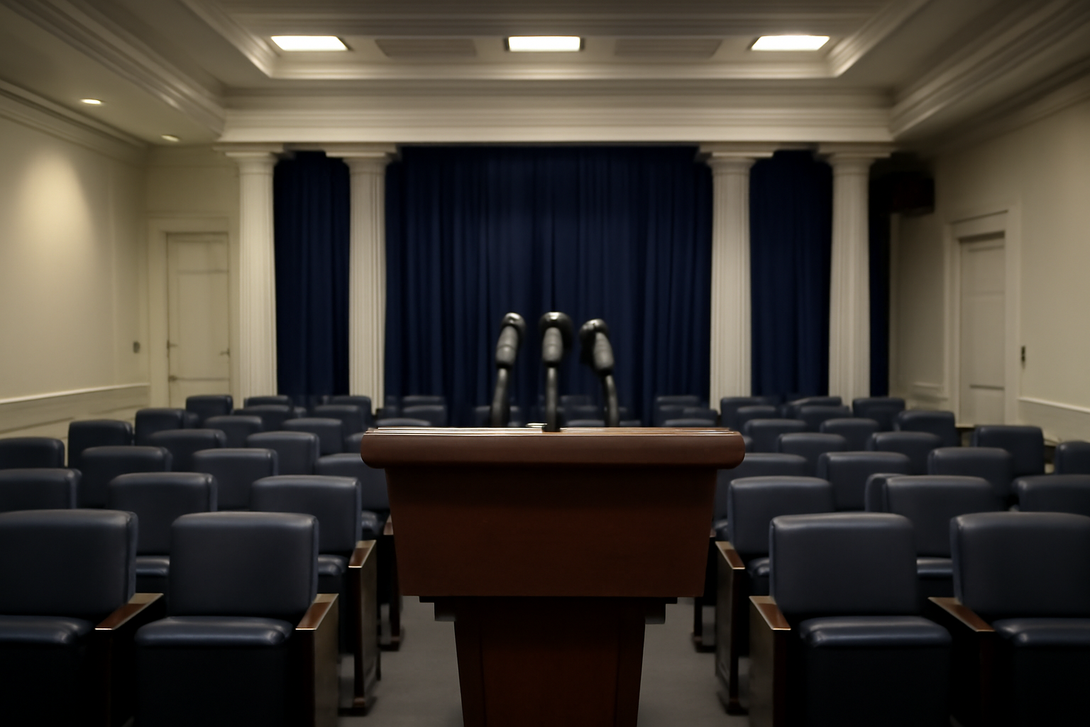 White House press briefing room with empty podium and rows of reporter seats
