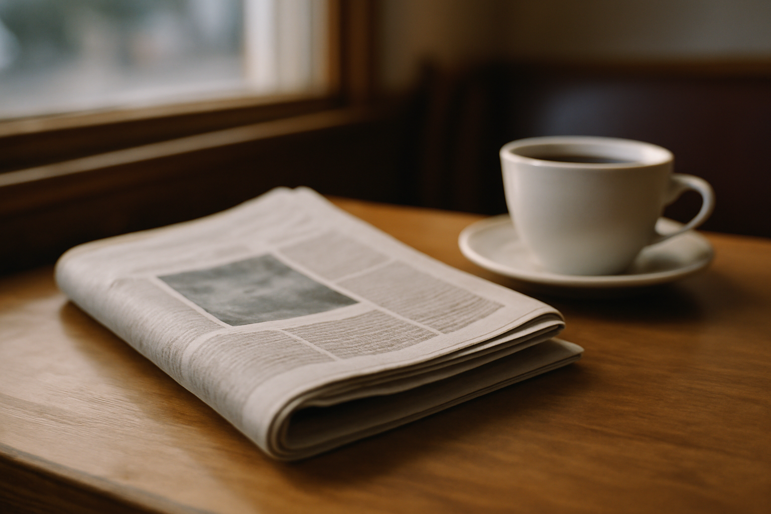 A folded local community newspaper on a wooden table beside a steaming coffee cup