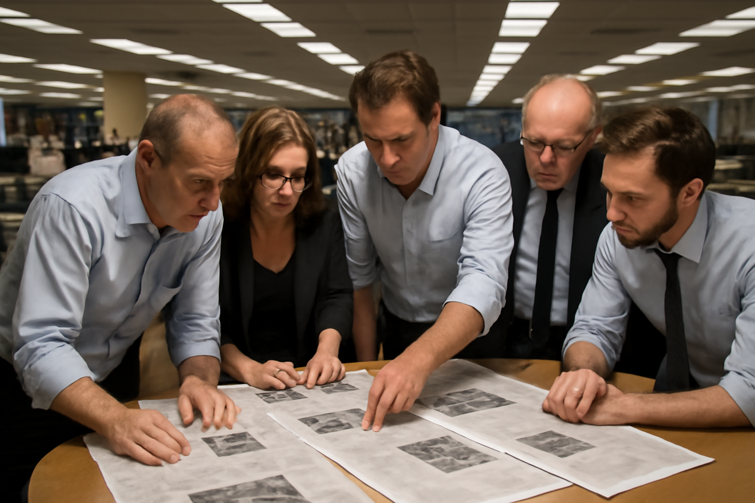 Editors reviewing newspaper page proofs in a large newsroom office