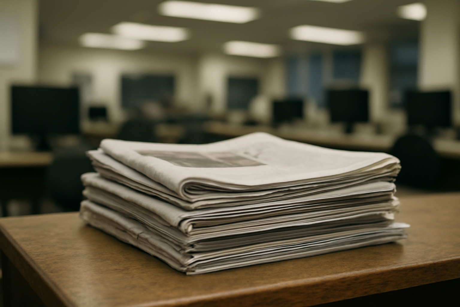 A stack of folded student newspapers resting on a wooden desk under fluorescent light