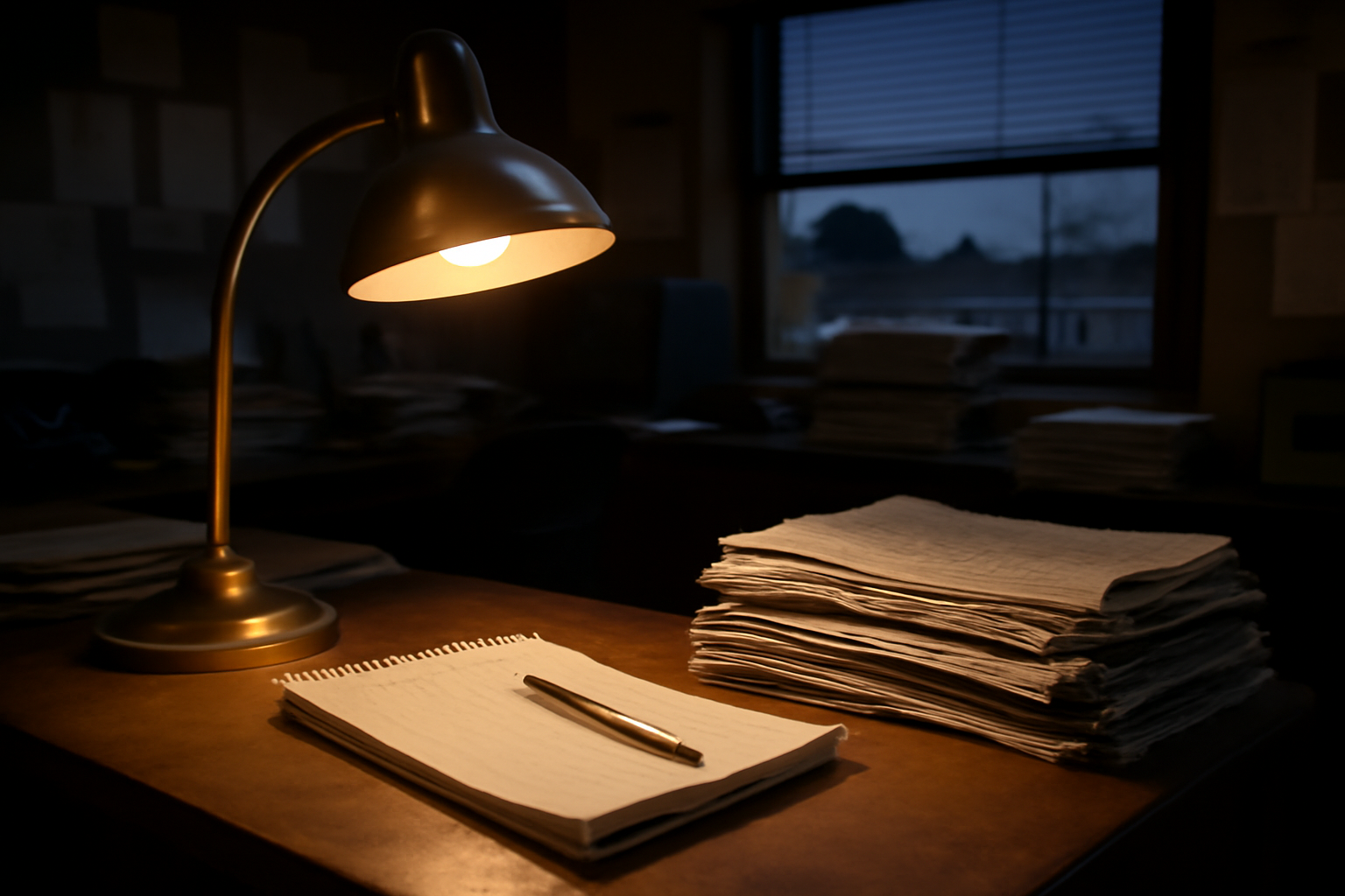 A reporter's notebook and pen resting on a stack of printed local newspapers in a small-town newsroom