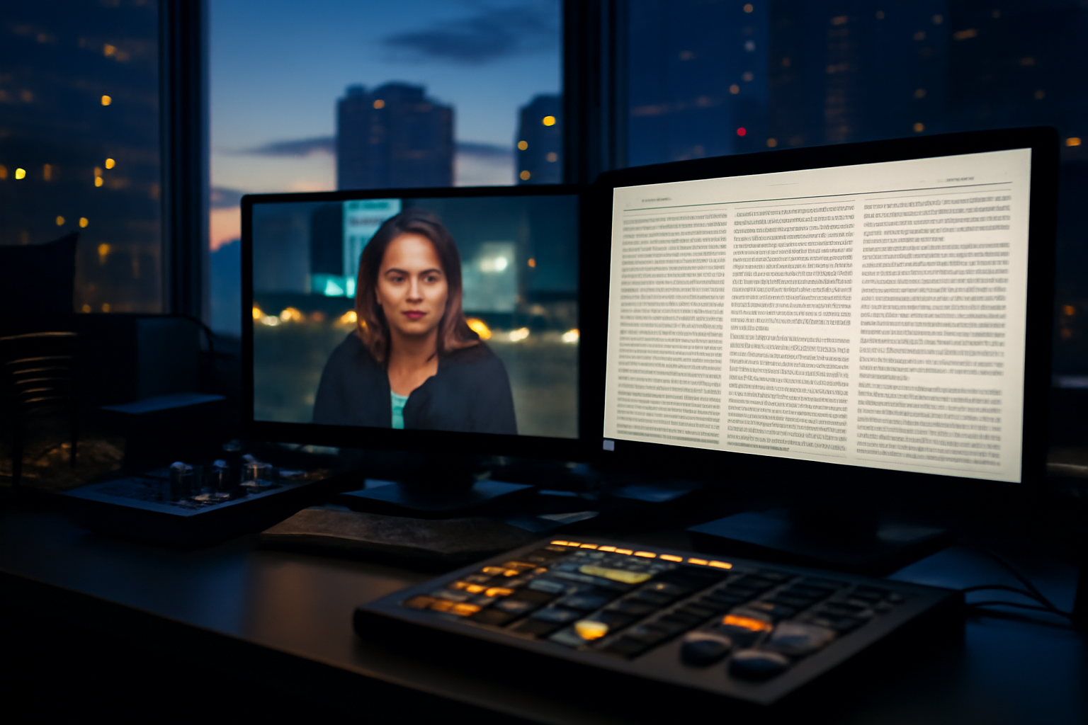 A split-screen newsroom monitor showing a video news broadcast on one side and a scrolling text article on the other