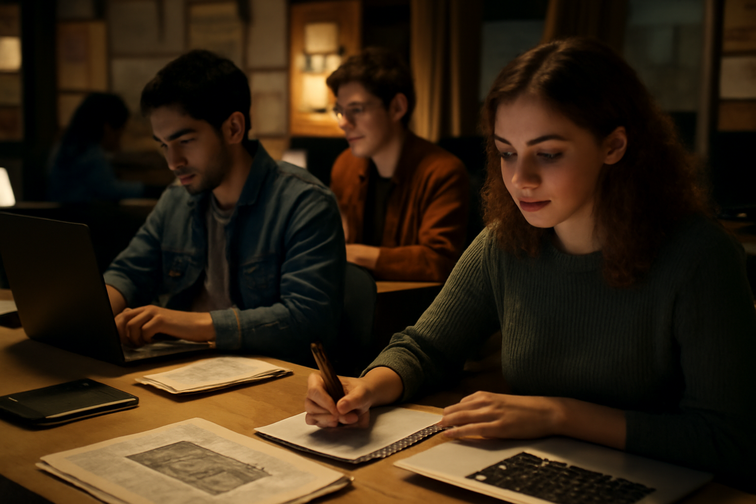 Student reporters working at desks in a college newspaper office with laptops and notes