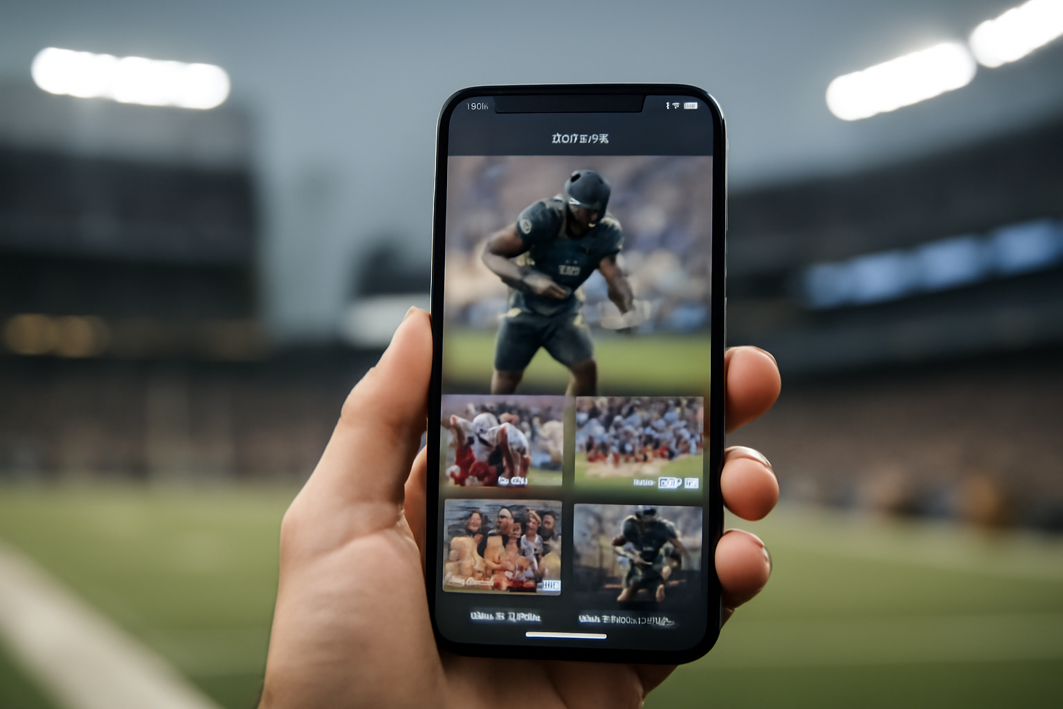 A smartphone screen displaying a sports news headline with a blurred football stadium in the background