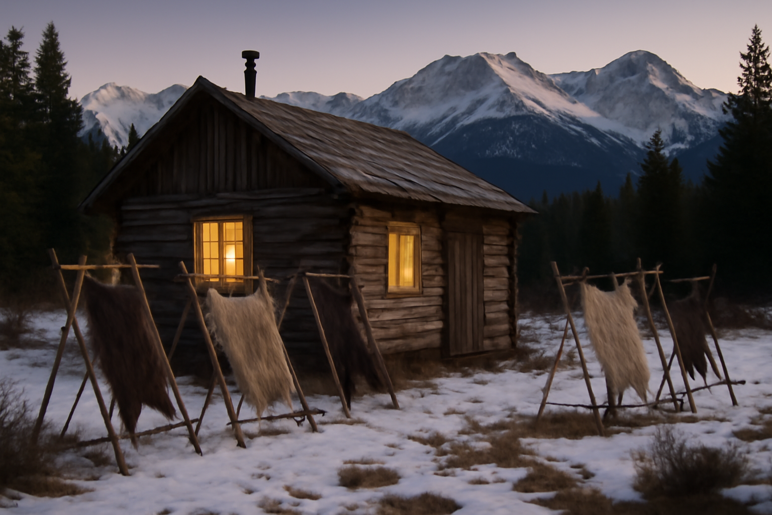 A fur trapper's cabin and pelts hang near a snowy Colorado mountain trailhead at dusk