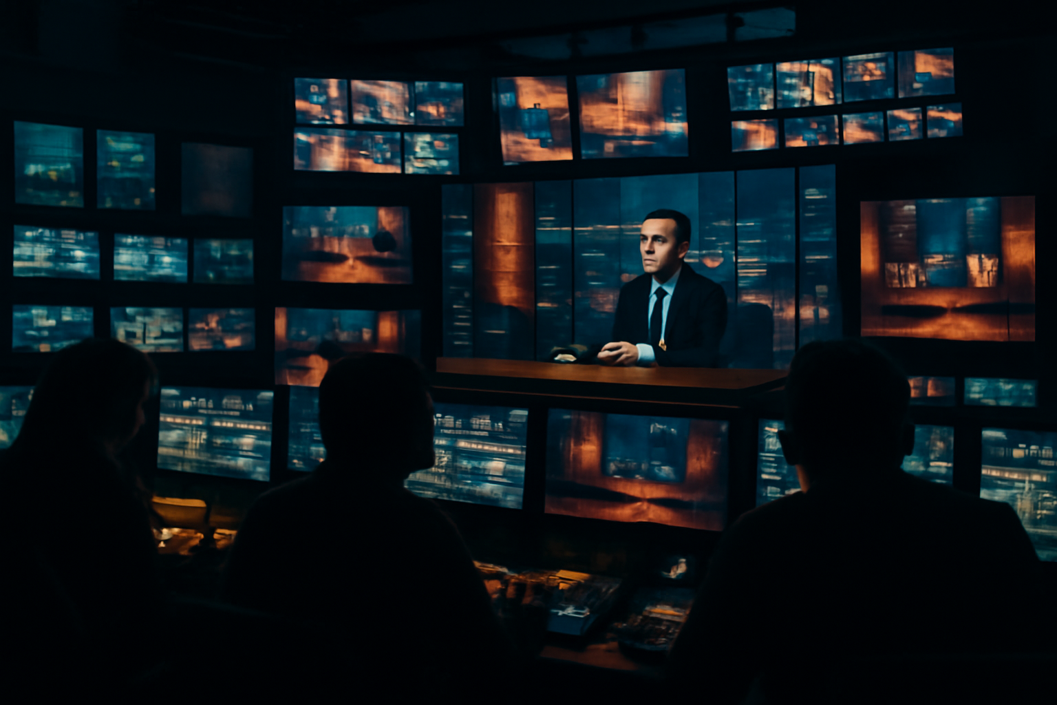 Television studio control room with monitors showing a late-night talk show set under stage lighting