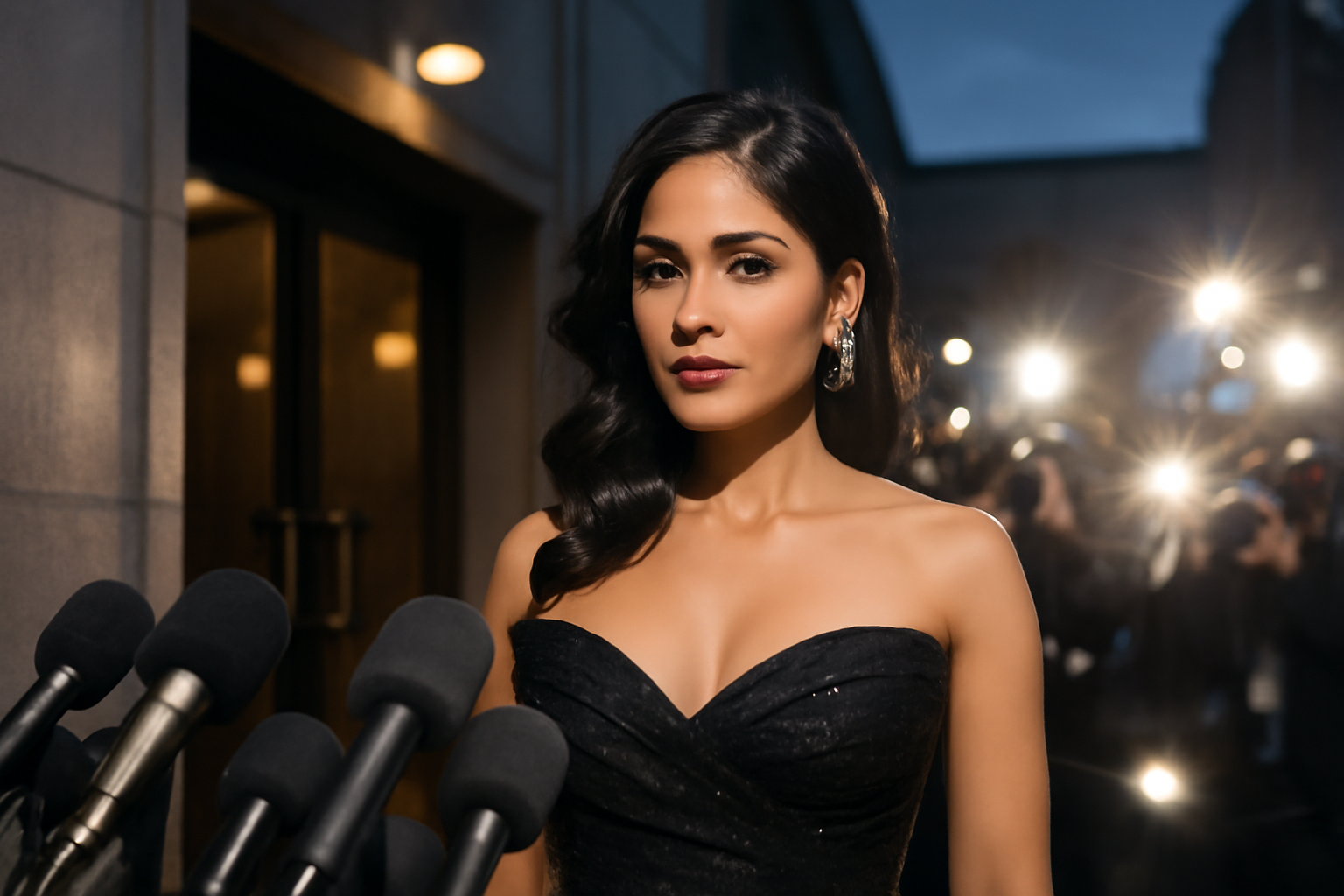 A film actress stands before a bank of microphones and camera flashes outside a studio entrance